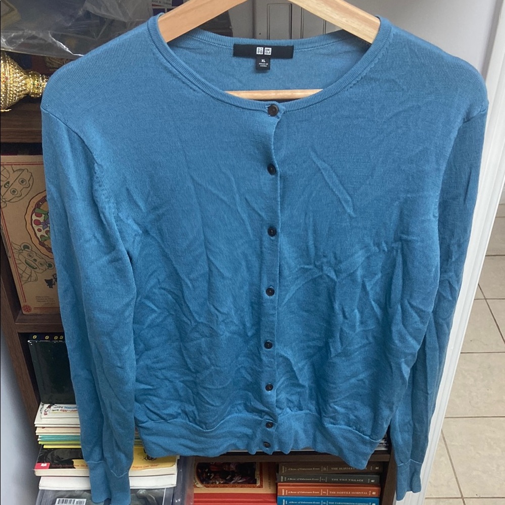 Uniqlo Blue Cardigan Sweater Lightweight Knit